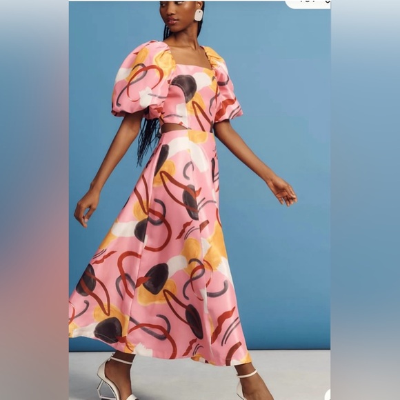 AURETA STUDIO PRINTED PUFF-SLEEVE CUTOUT DRESS - Picture 1 of 3